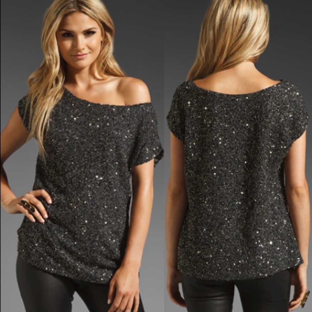 Haute Hippie Charcoal Sequin Off-Shoulder Top